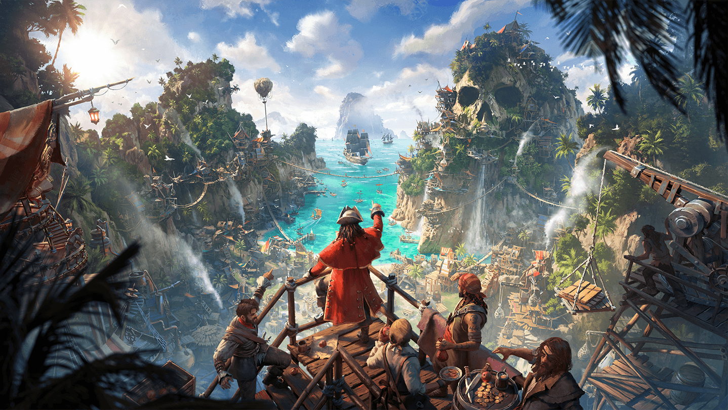 A pirate haven built across a tropical cove with cliffs and waterfalls