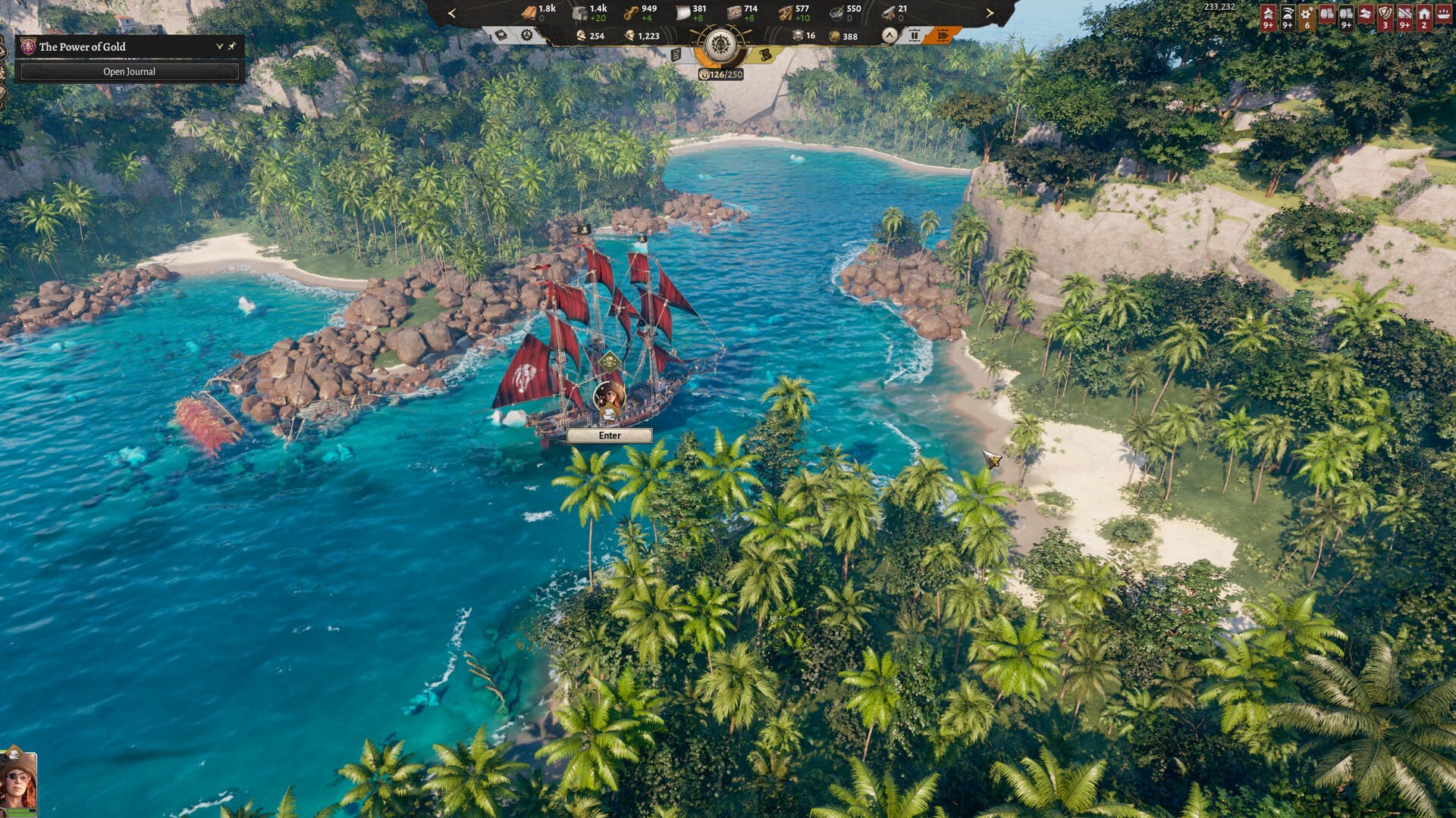 A Corsair Cove ship entering a tropical bay during exploration