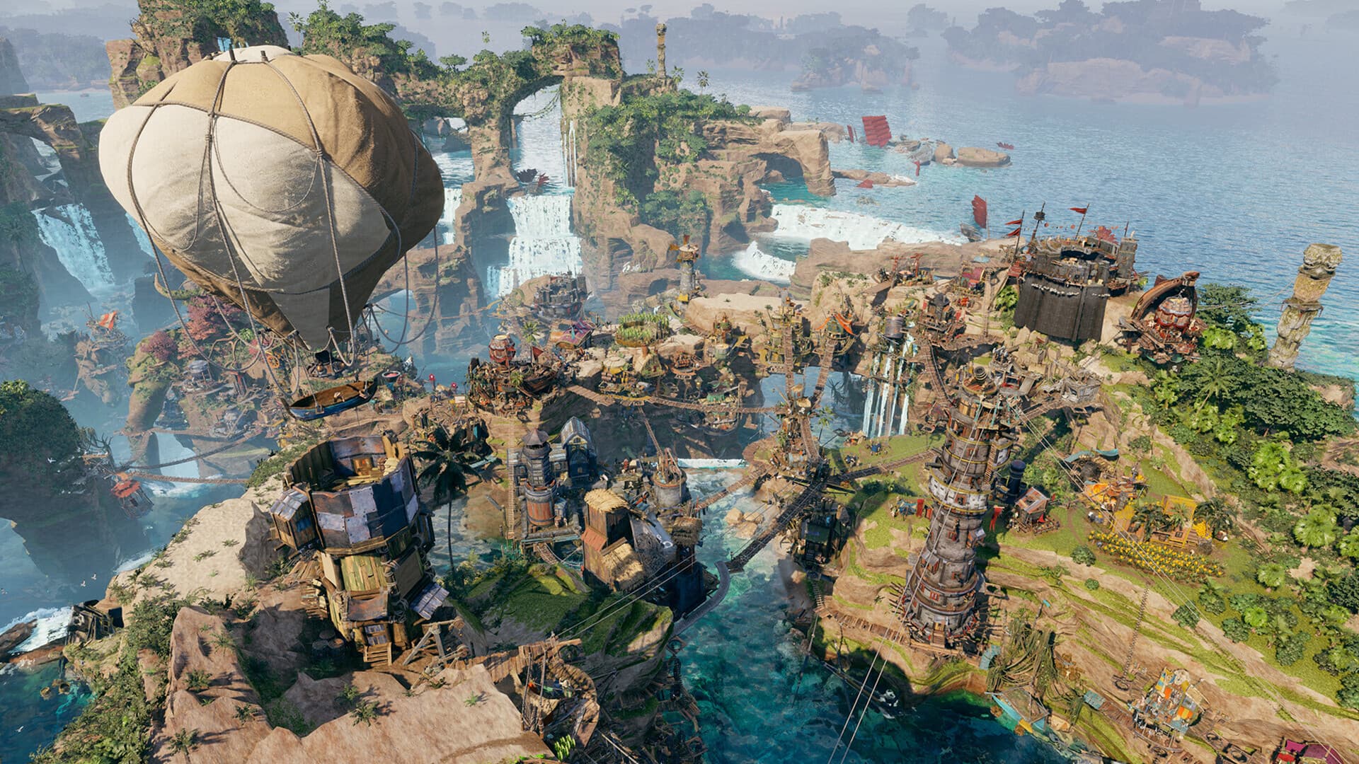 Broad Corsair Cove settlement beside waterfalls and an airship