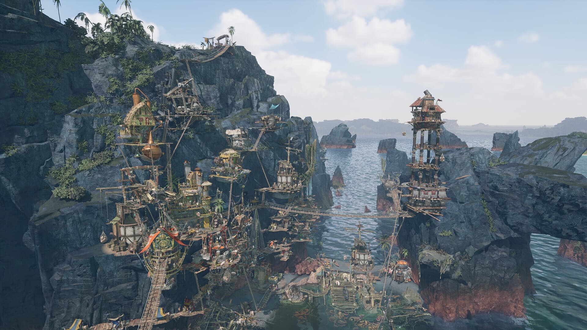 Rocky vertical Corsair Cove settlement connected across several levels
